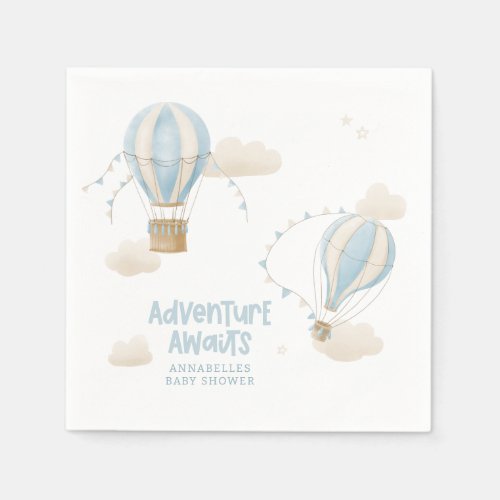 Baby shower blue hot air balloon adventure awaits napkins