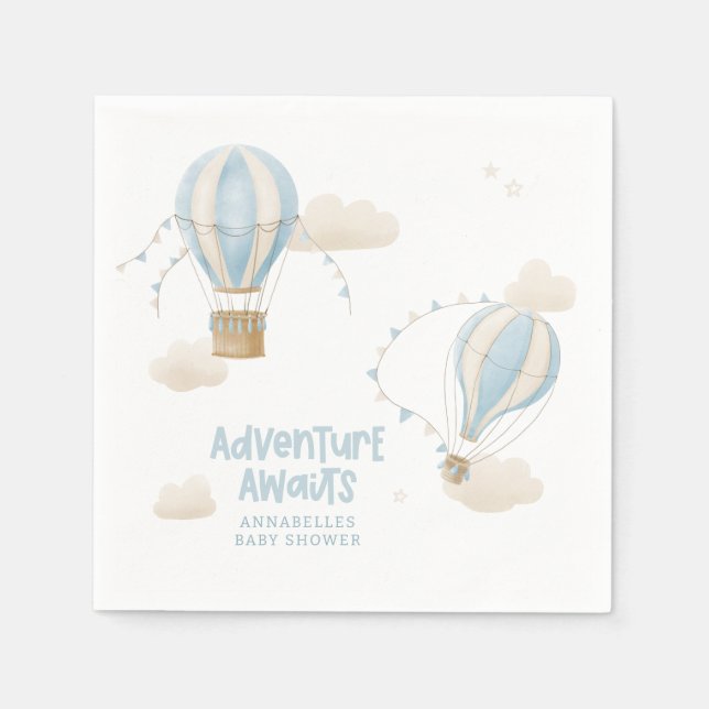 Baby shower blue hot air balloon adventure awaits napkins (Front)