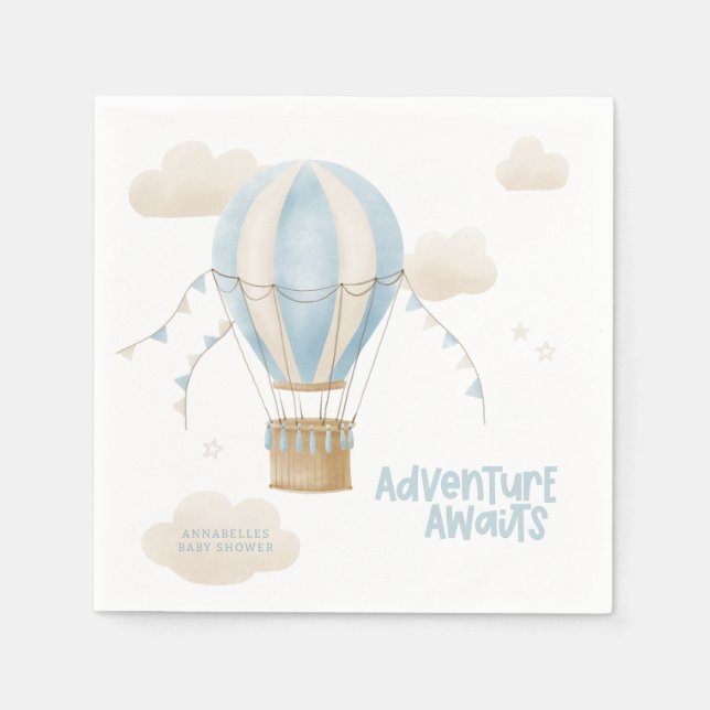 Baby shower blue hot air balloon adventure awaits napkins (Front)