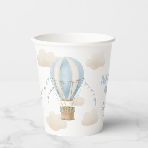 Baby shower blue hot air balloon adventure awaits paper cups