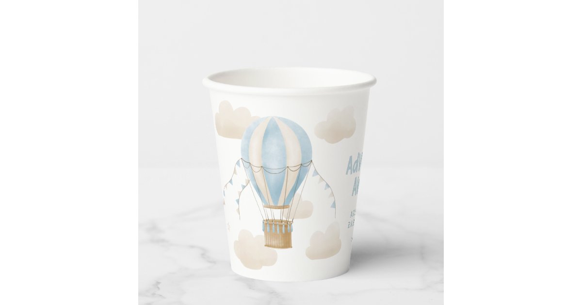 Baby shower blue hot air balloon adventure awaits paper cups | Zazzle