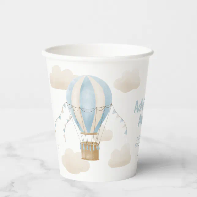 Baby shower blue hot air balloon adventure awaits paper cups | Zazzle