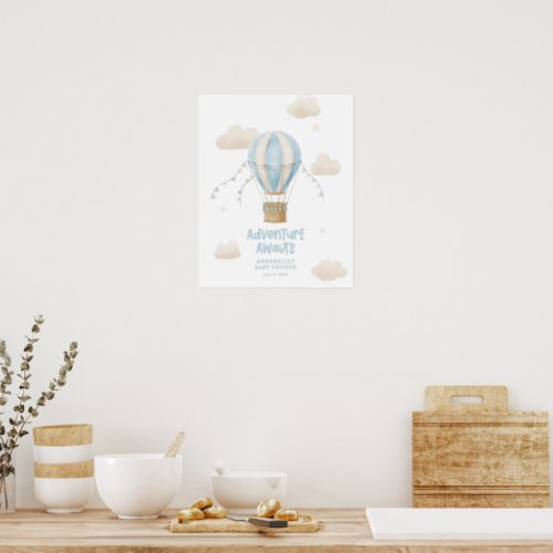 Baby shower blue hot air balloon adventure awaits poster