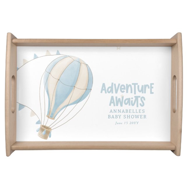 Baby shower blue hot air balloon adventure awaits serving tray (Front)