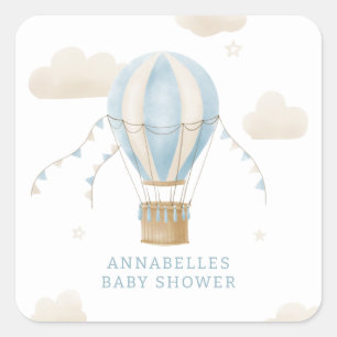 Baby shower blue hot air balloon adventure awaits square sticker