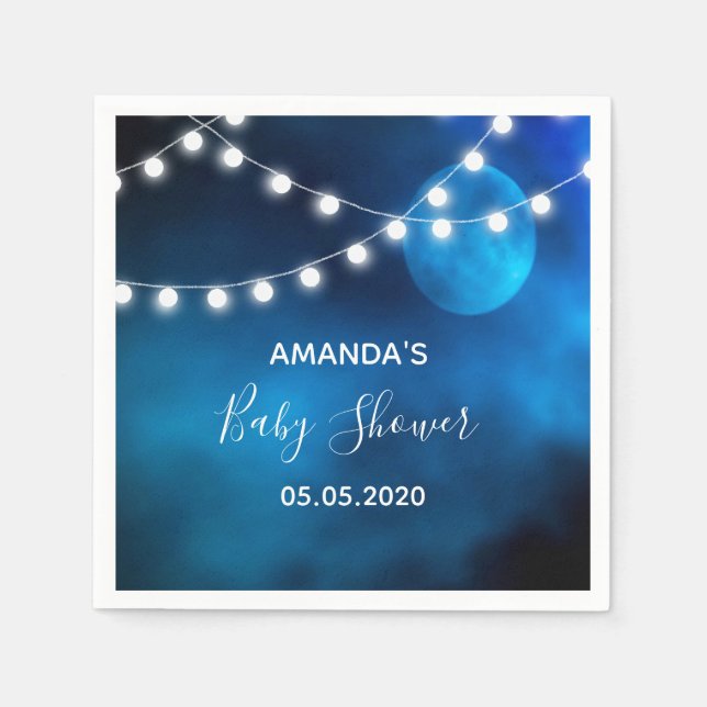 Baby shower blue moon light strings name napkins (Front)