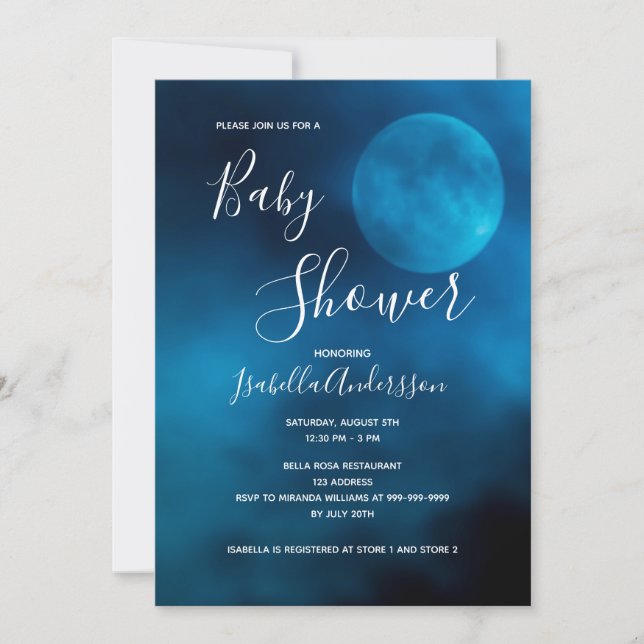 Baby shower blue moon typography gender neutral invitation (Front)