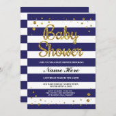 Baby Shower Blue Navy Stripe Gold Glitter Invite (Front/Back)
