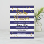 Baby Shower Blue Navy Stripe Gold Glitter Invite (Standing Front)