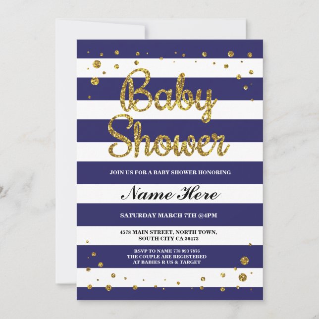 Baby Shower Blue Navy Stripe Gold Glitter Invite (Front)