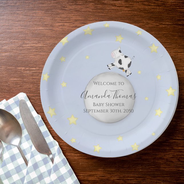 Baby Shower Blue Nursery Rhyme Custom  Paper Plates (Baby shower cow jumped over the moon custom paper plate.)