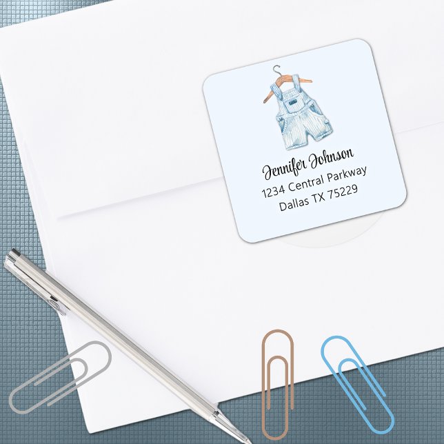 Baby Shower Blue Overalls Return Address Square Sticker (Creator Uploaded)
