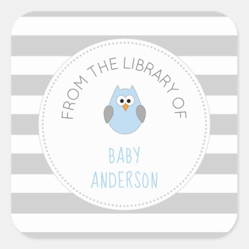 Baby Shower blue owl BOOK sticker boy bookplate