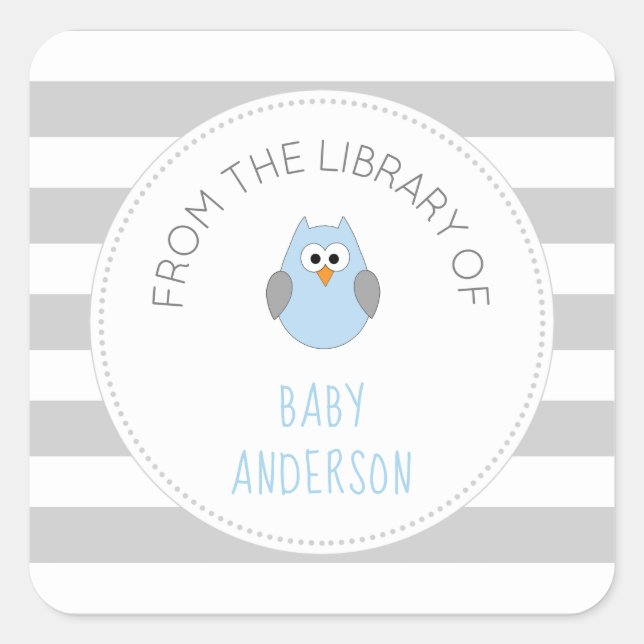 Baby Shower blue owl BOOK sticker, boy bookplate (Front)