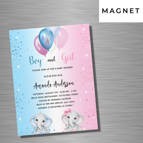 Baby Shower blue pink boy girl elephants luxury Magnetic Invitation