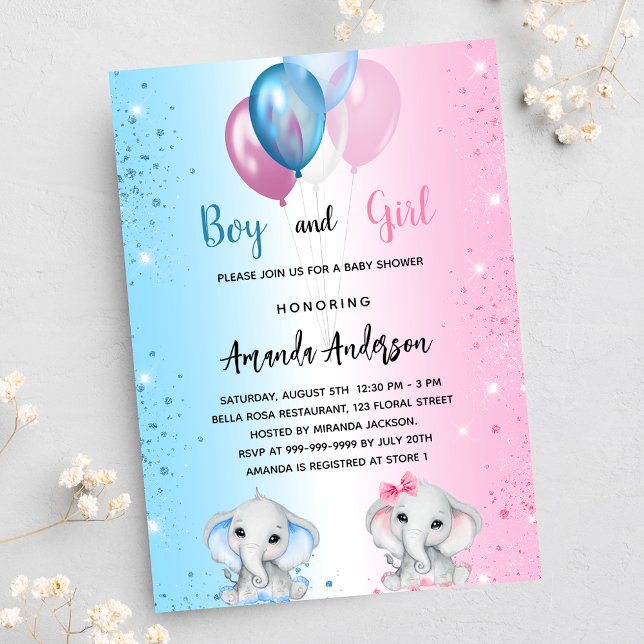 Baby Shower blue pink boy girl elephants twins Invitation (Creator Uploaded)