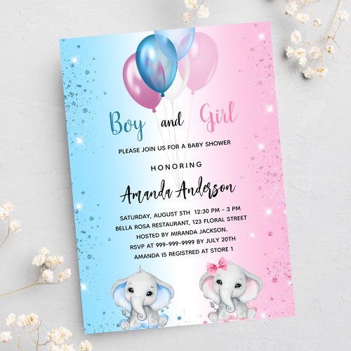 Baby Shower blue pink boy girl elephants twins Invitation Postcard