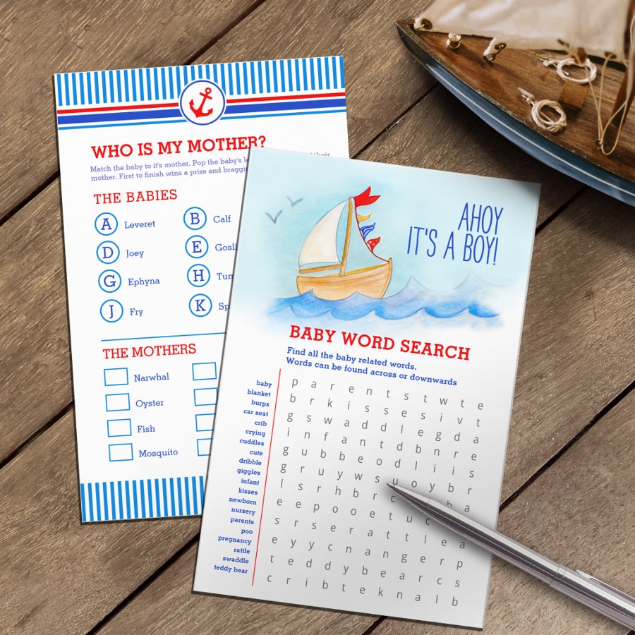 Baby shower blue red word search baby match game flyer