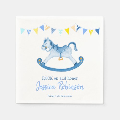 Baby shower blue rock rocking horse honoring name napkins