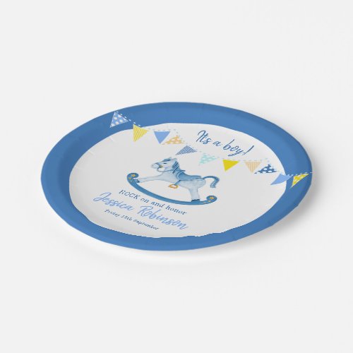 Baby shower blue rocking hobby horse custom name paper plates