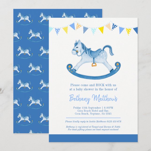 Baby shower blue rocking horse invitations (Front/Back)
