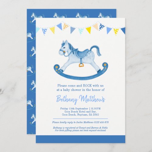 Baby shower blue rocking horse invitations