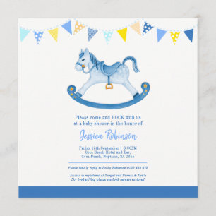 Baby shower blue rocking horse square invitations