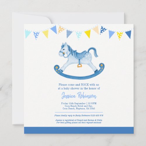 Baby shower blue rocking horse square invitations