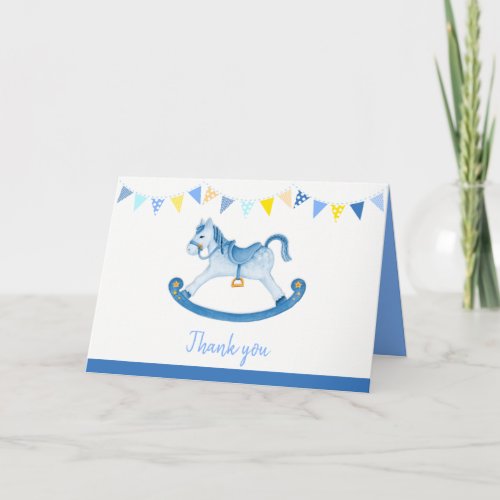 Baby shower blue rocking horse watercolor art card