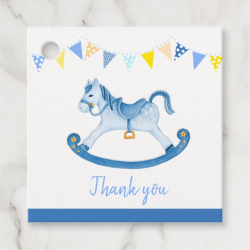 Baby shower blue rocking horse watercolor art favor tags