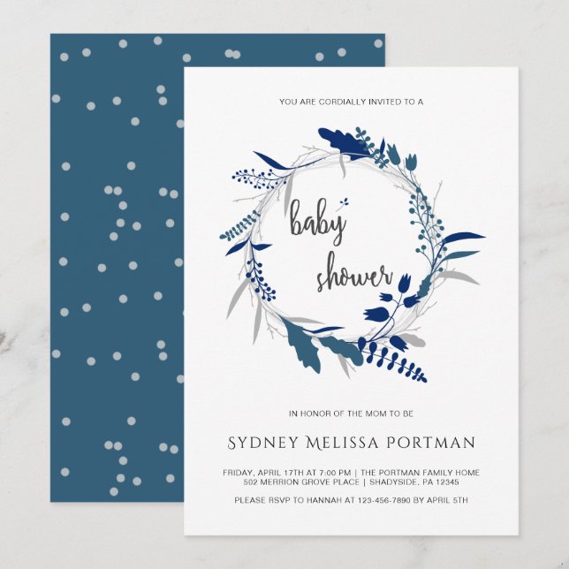 Baby Shower Blue Rustic Wreath Botanical Invitation (Front/Back)