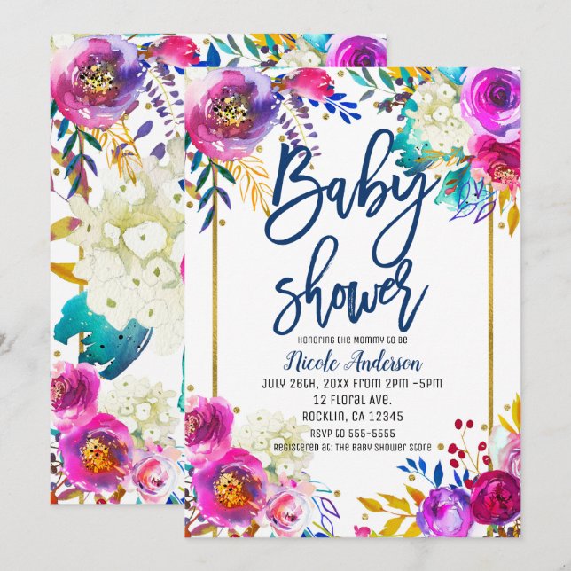 Baby Shower Blue Script Bold Watercolor Floral Invitation (Front/Back)