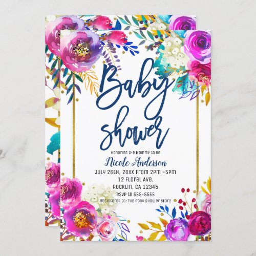 Baby Shower Blue Script Bold Watercolor Floral Invitation