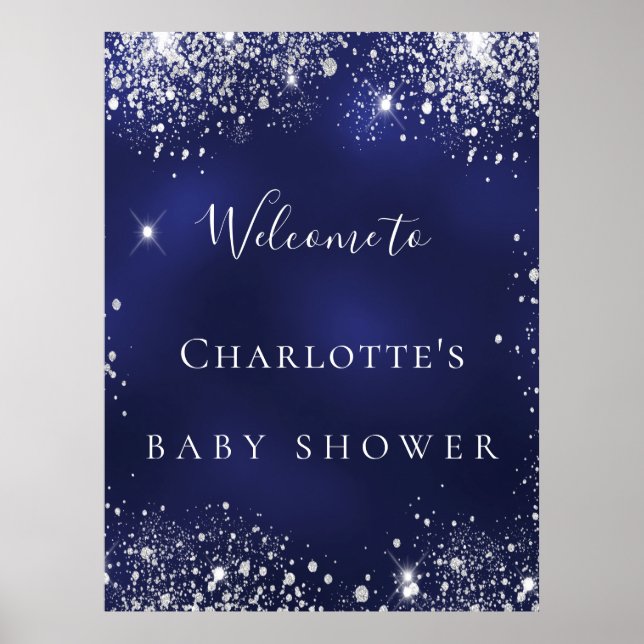 Baby Shower blue silver glitter sparkle welcome Poster (Front)