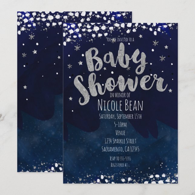 Baby Shower Blue & Silver Starry Night Invitations (Front/Back)