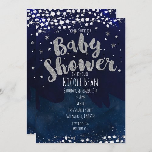 Baby Shower Blue  Silver Starry Night Invitations