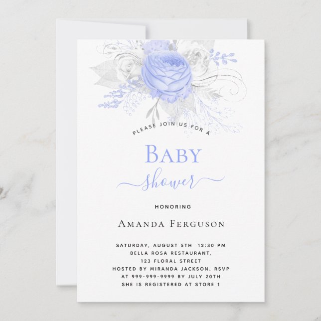 Baby Shower blue silver white flowers boy Invitation (Front)