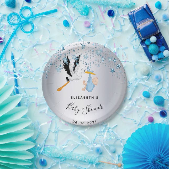 Baby shower blue stars stork boy  paper plates (Party)