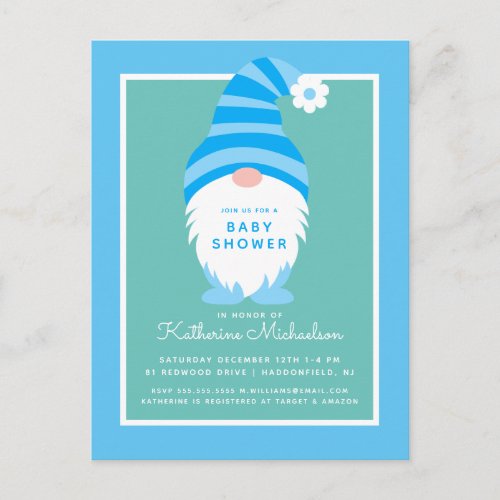 BABY SHOWER  Blue Stripe Gnome Postcard