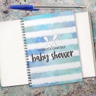 Baby Shower Blue Stripe White Bunny Rabbit Guest