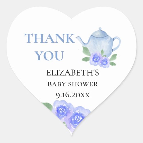 Baby Shower Blue Teapot Floral Tea Party Thank You Heart Sticker