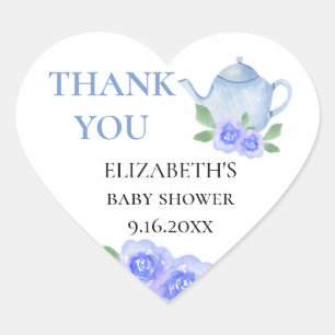 Baby Shower Blue Teapot Floral Tea Party Thank You Heart Sticker