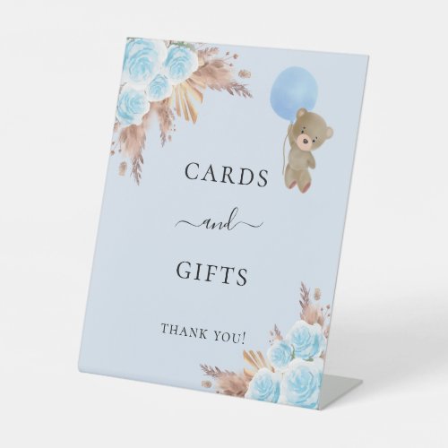 Baby shower blue teddy pampas grass cards gifts