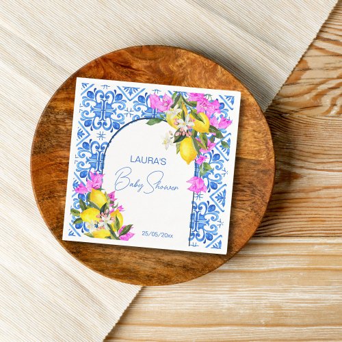 Baby Shower Blue Tiles Lemons bougainvillea Napkins