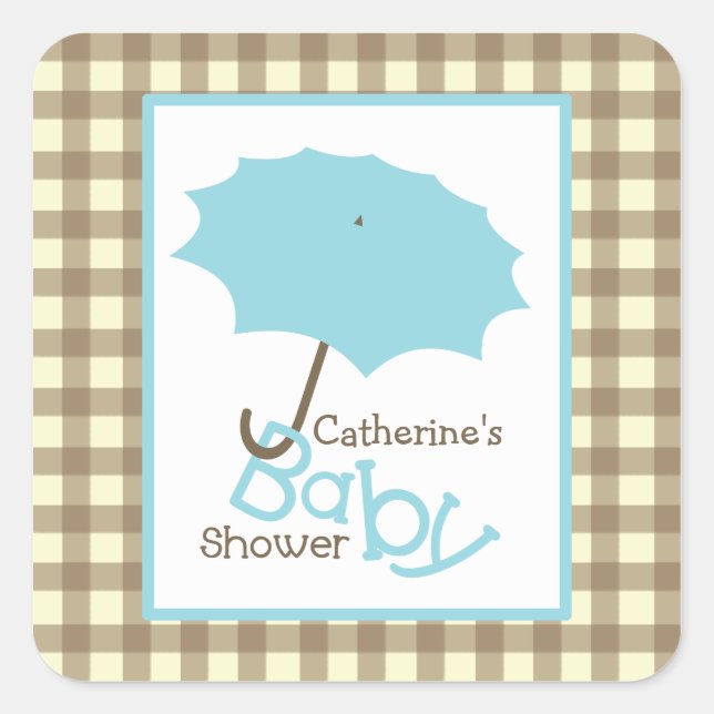 Baby Shower Blue Umbrella & Brown Gingham Square Sticker (Front)