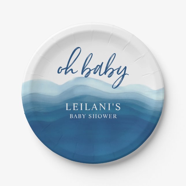 Baby Shower Blue Watercolor Ombre Oh Baby Paper Plates (Front)