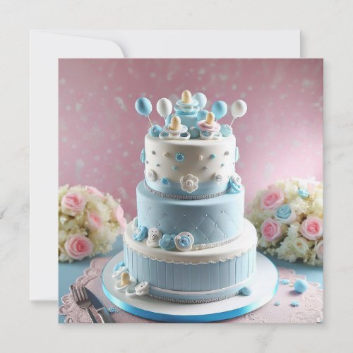 BABY SHOWER BLUE  WHITE CAKE WITH PACIFIERS INVITATION