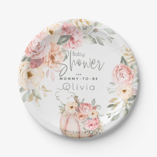 Baby Shower  Blush Coral Pumpkin Peony Floral Paper Plates