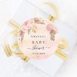 Baby Shower blush pampas grass rose teddy Classic Round Sticker<br><div class="desc">For an elegant and modern baby shower. A rustic blush pink and rose gold gradient background. Decorated with rose gold, pink florals, pampas grass and a teddy bear holding a balloon. Personalize and add a name and date. For party favors or as a Save the Date reminder for the guests....</div>