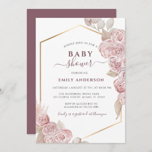 Baby Shower Blush Pink Floral and Golden Invitation